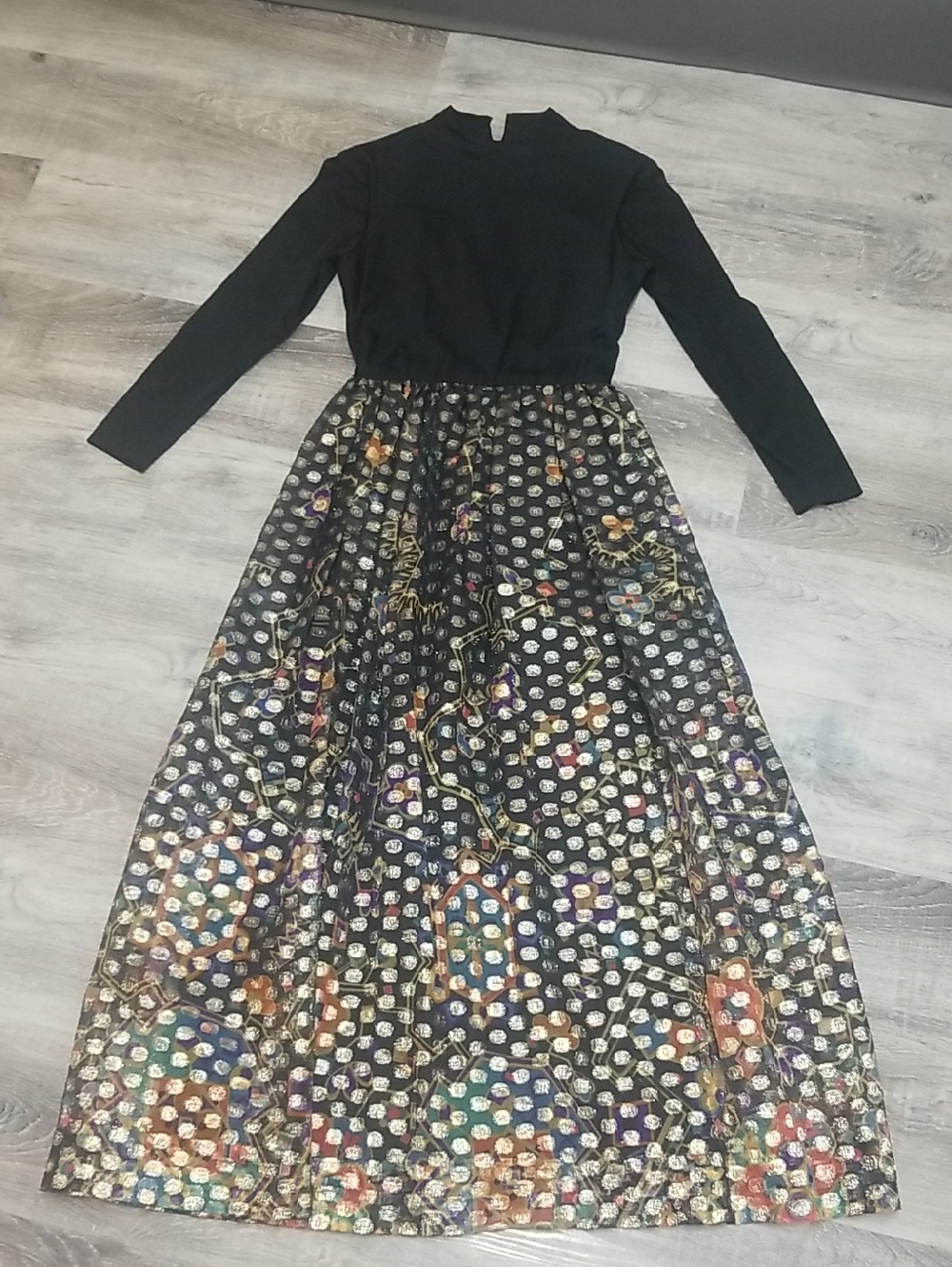 Black Long Sleeve Maxi Dress with Multicolor Metallic Brocade Skirt